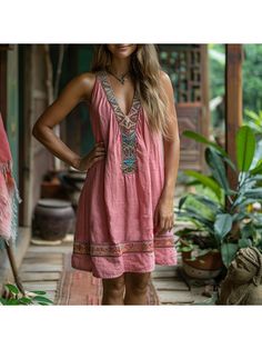 Women Elegant Dresses, Women's Summer Retro Loose And Comfortable Bohemian Suspender Dress Pink Bohemian V-neck Mini Dress, Bohemian Sleeveless Mini Dress, Sleeveless Boho Print Mini Dress For Summer, Sleeveless Mini Dress With Boho Print For Summer, Pink Bohemian Mini Dress, Boho Print Sleeveless Sundress, Bohemian Pink Sleeveless Sundress, Pink Bohemian Sleeveless Sundress, Bohemian Style Pink Mini Dress For Vacation