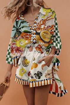 Shirt Collar Styles, Shirt Casual Style, Vacation Wear, Oversized Blouse, Tropical Fruit, Casual Sets, Shorts Set, Shirt Collar, Shorts With Pockets