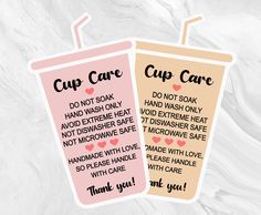 two cup care cards with the words cup care written on them