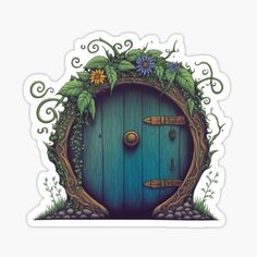 an illustration of a green door with flowers and leaves on it sticker is shown