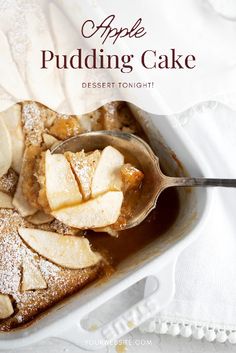 an apple pudding cake in a white dish with a spoon full of dessert toppings