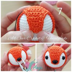 crocheted orange and white ball with black eyes being held up by a pair of scissors