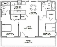 the floor plan for a two bedroom apartment with an attached kitchen and living room area