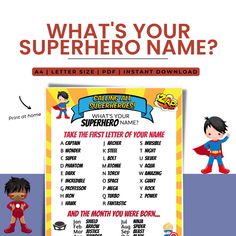 a poster with the words super hero on it and an image of a boy standing next to him