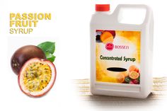 passion fruit syrup is shown next to an image of a half - eaten piece of fruit