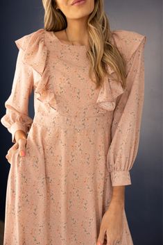 Dusty Pink Midi Dress - Nursing Friendly Dresses | ROOLEE Modest Nursing Outfits, Modest Maxi Dress With Ruffles For Casual Wear, Long Sleeve Ruffled Maxi Dress For Date Night, Modest Dress With Ruffle Hem And Sleeves, Long Sleeve Maxi Dress With Ruffles For Date Night, Modest Ruffled Maxi Dress For Garden Party, Modest Flowy Dress With Ruffle Sleeves, Flowy Flirty Midi Dress With Ruffles, Modest Ruffle Sleeve Spring Dresses