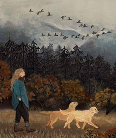 a painting of a woman walking her dog in the woods with birds flying above them