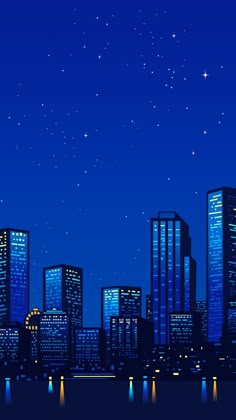 a city skyline at night with stars in the sky