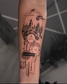 a person with a tattoo on their arm that has a clock and other things in it