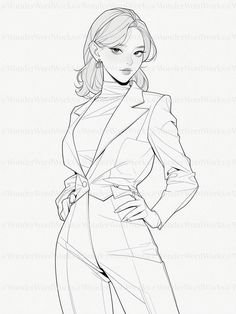 a black and white drawing of a woman in a suit with her hands on her hips