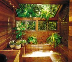 the inside of a wooden house with plants and potted plants on the windowsill