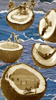 coconuts are arranged in the shape of boats and people on beach with ocean waves behind them