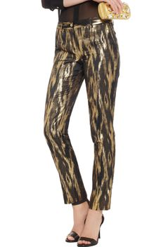 NEW Michael Kors Samantha Ikat Jacquard Pants (Size 4) - MSRP $1,810.00! NEW Michael Kors Samantha Ikat Jacquard Pants (Size 4) - MSRP $1,810.00! Go for sartorial gold with Michael Kors' ikat-jacquard pants. Not only does this eye-catching pair tick off two trends in one - bold pattern and high-shine metallics - they're impeccably tailored too. Black and gold ikat-jacquard Mid-rise, straight-leg Belt loops, two front slant pockets, two back button-fastening welt pockets, fully lined Concealed zi Jacquard Pants, Green Beaded Bracelets, Leg Belt, Legging Outfits, Outfits With Leggings, Welt Pockets, Black And Gold, Harem Pants, Pajama Pants