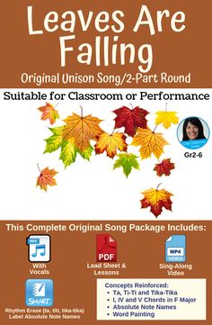 the leaves are falling flyer with an image of autumn leaves and music notes on it