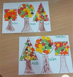 two children's drawings of trees made with colored paper