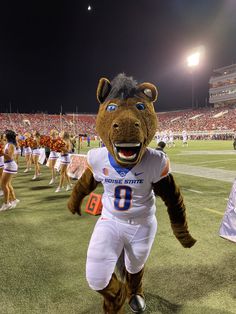 a mascot walking on the field at a football game with other cheerleaders in the background