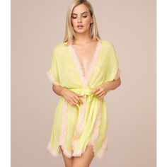 A Flirtatiously Short Gown Crafted From Soft Silk And Edged With Playful Ruffles Of Lace At The Neckline, Cuffs And Hemline. Finished With A Matching Polka Dot Sash Belt. Summer V-neck Night Robe, Summer Night V-neck Robe, Summer Party Robe With V-neck, Summer Party V-neck Robe, Yellow Summer Sleep Dress, Green Sheer Summer Sleepwear, Sheer Green Sleepwear For Summer, Short Gowns, Sash Belts