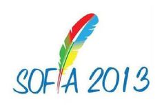 the logo for sofa 2013 with a colorful feather on it's tip and blue letters