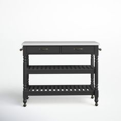 a black and white table with two drawers on it's sides, against a white background