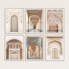 four framed photographs of arches and doorways