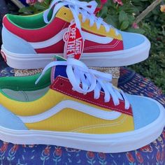 The Sunshine Style 36, A Classic Vans Skate Shoe Bearing The Iconic Sidestripe, Is A Low Top Lace-Up Featuring Sturdy Canvas And Suede Uppers, Re-Enforced Toecaps To Withstand Repeated Wear, Padded Collars For Support And Flexibility, And Signature Rubber Waffle Outsoles. Retro Multicolor Low-top Skate Shoes, Retro Multicolor Skate Shoes With Round Toe, Yellow Low-top Color Block Sneakers, Multicolor Gum Sole Sneakers For Spring, Trendy Yellow Color Block Sneakers, Fun Multicolor Low-top Canvas Shoes, Casual Multicolor Vans Skate Shoes, Colorful Low-top Vans Sneakers, Vans Multicolor Round Toe Skate Shoes