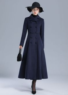 "\" It is strikingly elegant, and it carries itself with a brilliance of beauty and grandeur. It has a great classic silhouette.\" Details: * More color optional https://etsy.me/3AwTfvZ * Wool composition \" 50% wool blend + fiber + nylon\" ; Thick weight and warm wool * Absolutely fantastic coat! Very well-made and fully lined (matching satiny material). * It is classic and the color is so vibrant, color is shown in the picture-navy blue * double breasted fastening * two pockets * long sleeves Elegant Long Single-breasted Wool Coat, Elegant Long Sleeve Winter Peacoat, Formal Wool A-line Outerwear, Elegant Winter Peacoat, Elegant Single-breasted A-line Outerwear, Long Winter Outerwear For Evening, Long Winter Evening Outerwear, Formal A-line Wool Coat For Fall, Elegant Long Sleeve Peacoat For Office