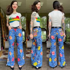 "No one made flares in the 70's like Mavericks. No one! These are unbelievable to me. Deadstock with original tags (recommend washing before wear) in the coolest red/yellow/blue bandana and denim patchwork print. Waist: 26/27\" Hips: up to 37\" Rise: 10\" Inseam: 29\" Model is 5'7\" and 116 lbs with measurements of 30x24x34. These fit a little loose when belted." Fitted Denim Retro Flares, Fitted Retro Denim Flares, Retro Fitted High Rise Flares, Retro High Rise Fitted Flares, Retro Mid-rise Fitted Flares, Retro Fitted Mid-rise Flares, Retro Fitted Full-length Flare Jeans, Fitted Full-length Retro Flare Jeans, Fitted Full Length Retro Flare Jeans