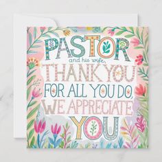 a card with the words pastor and his wife thank you for all you do, we appreciate you