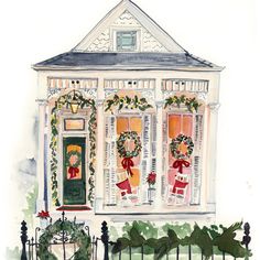 a watercolor painting of a house decorated for christmas