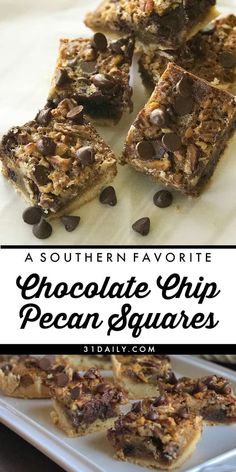 chocolate chip pecan squares are stacked on top of each other with text overlay