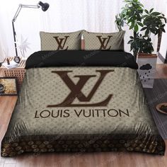 the louis vuitton bedding set is shown in brown and black colors, with two