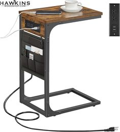 an electronic device is plugged into the side of a table with a cup on it