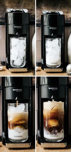 four different shots of iced coffee being made in a coffee maker with ice cubes