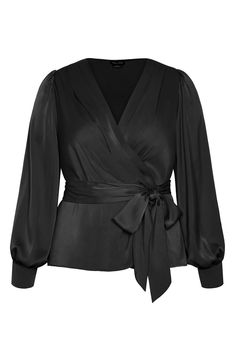 Elevate your outfit with this flowy blouse that plays up curves in a faux-wrap style with side ties and billowy long sleeves. 27 1/2" length (size X-Small) Surplice V-neck Long sleeves with button cuffs Lined 100% polyester Machine wash, line dry Imported Black Wrap Blouse Outfit, Wrap Top Outfit Classy, Wrap Blouse Outfit, Wrap Top Outfit, Faux Wrap Top, Inverted Triangle, Flowy Blouse, Blouse Outfit, Wrap Blouse