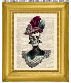 a skull wearing a top hat with feathers on it's head in an ornate gold frame