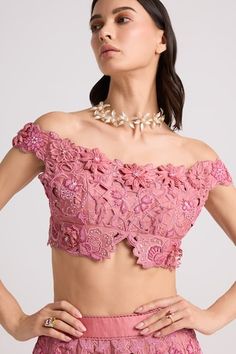 Blush pink short sleeves off shoulder cutwork bustier blouse crafted in chanderi with 3D petunia bloom applique and tonal bead-sequin highlights. - Aza Fashions Pink Embellished Evening Tops, Pink Embellished Fitted Crop Top, Pink Off-shoulder Crop Top For Party, Fitted Off-shoulder Top For Wedding, Feminine Fitted Embroidered Top With Short Sleeves, Elegant Embellished Pink Blouse Piece, Fitted Embroidered Top With Short Sleeves For Party, Fitted Embellished Pink Tops, Fitted Short Sleeve Embroidered Top For Party