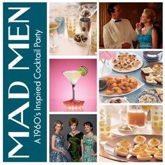 the mad men cookbook is shown with pictures of food and drinks on it's cover