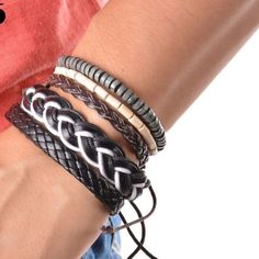 Men’s Stacked Leather Bracelets. Dm With Questions. Casual Leather Braided Bracelets, Casual Leather Bracelet, Casual Brown Bracelet For Everyday, Casual Brown Bracelets For Everyday Wear, Casual Brown Leather Bracelet, Men's Leather Bracelet, Wood Bead Bracelet, Beads Charm, Brown And Blue