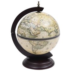 an old world globe on a wooden stand with a black ring around the base and white background