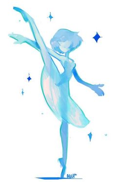 a drawing of a ballerina in blue and white with stars around her feet,