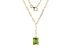 2.93ct Rectangular Octagonal Green Peridot 18k Yellow Gold Over Sterling Silver. Measures Approximately 18" x 0.34"W. Lobster Claw Clasp. Green Gemstone Baguette Cut Necklace, Green Baguette Cut Gemstone Necklace, Peridot Necklace, Colored Stone, Green Peridot, Sterling Silver Necklace, Lobster Claw, Sterling Silver Necklaces, Stone Color