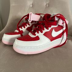 Aren’t These The Cutest Nikes You Ever Did See?! Rock The Barbie Movie In These Lovelies! Worn One Time For Valentine’s Day Party And Ready To Release Them Out To Be Loved By Someone Else! These Are Custom Af1s. Nike Air Force One - Women Size - 5.5 Pink / Red / White Disclaimer - I Hang Dry All Of My Clothes, So They Do Look Wrinkled But They Are Cleaned And Cared For. :) Also, I Do Have A Corgi At Home And I Do My Very Best To De-Yoshi Hair All Of My Clothes, But Occasionally A Hair Or Two Doe Red And Pink Sneakers, Pink Nike Air, Nike Shoes Women Fashion, The Barbie Movie, Nike Air Force One, Barbie Movie, Cute Nike Shoes, Pink Nike, Nike Air Force Ones