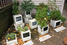 there are many old computers that have been placed in the yard with plants growing out of them