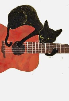 a painting of a cat sitting on top of a guitar with its paw on the strings