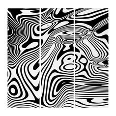 three panels with black and white abstract designs on them, each panel has different shapes