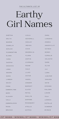 the ultimate list of earthy girl names in black and white on a gray background