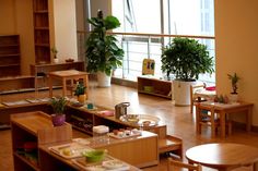 a room filled with lots of wooden furniture and potted plants on the windowsill