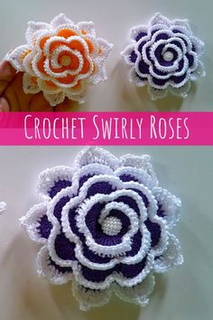 crochet swirly roses are shown in three different colors, one orange and one purple