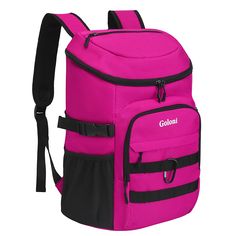 a pink backpack with black straps and the word gondola on it's side