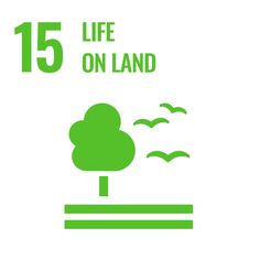 the 15 life on land sign is shown with birds flying around it and trees in the background